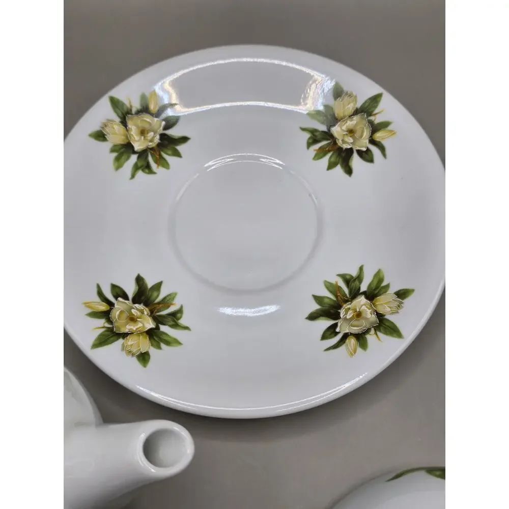 Vintage Porcelain Tea For One Stacking Teapot Cup Saucer Set Magnolia Floral